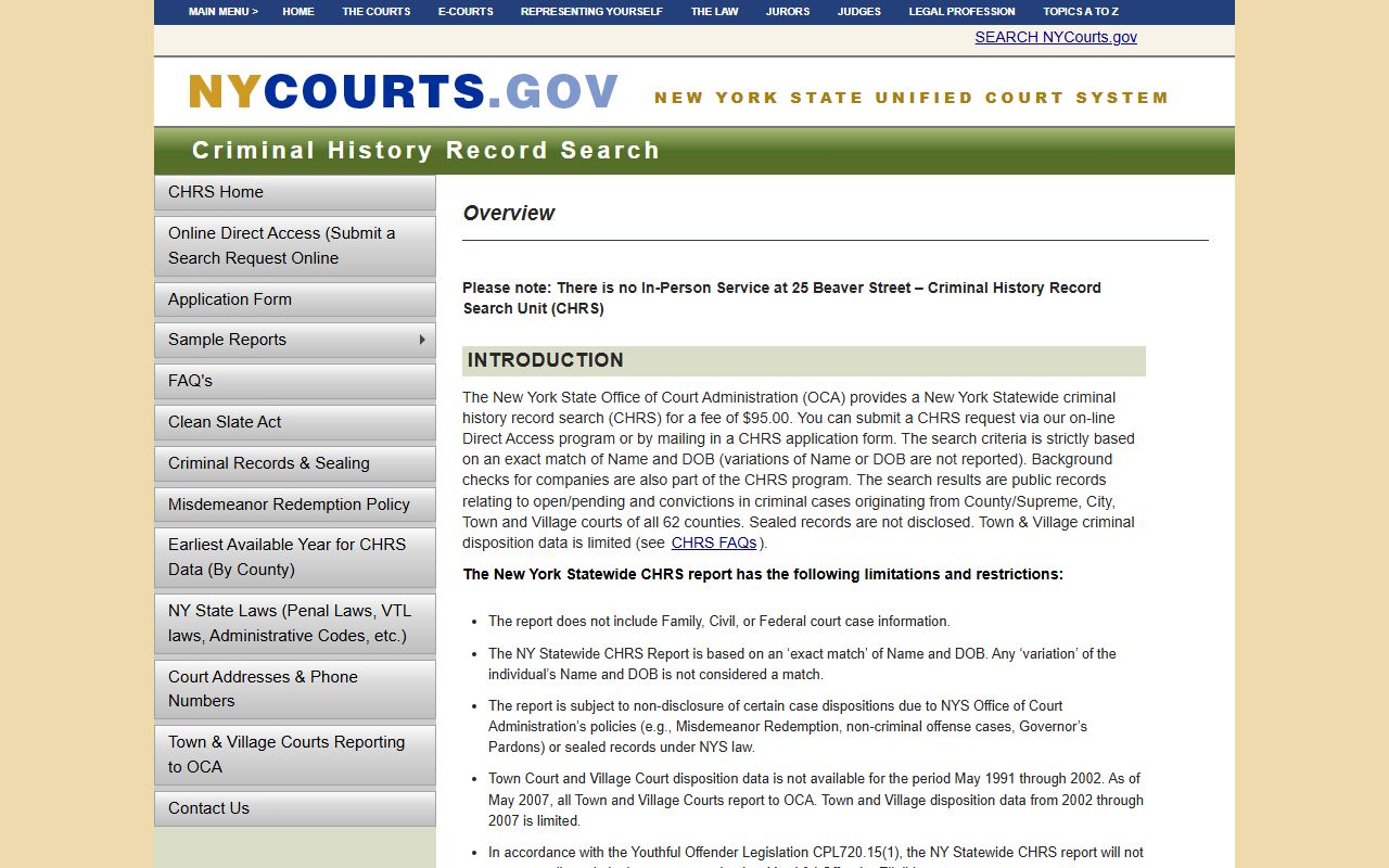 OCA Criminal History Record Search portal for New York court records