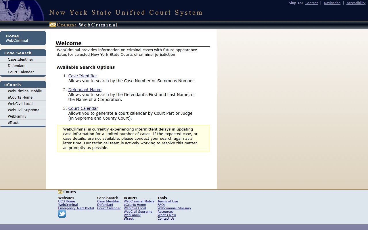 WebCriminal portal for searching pending criminal court records in New York